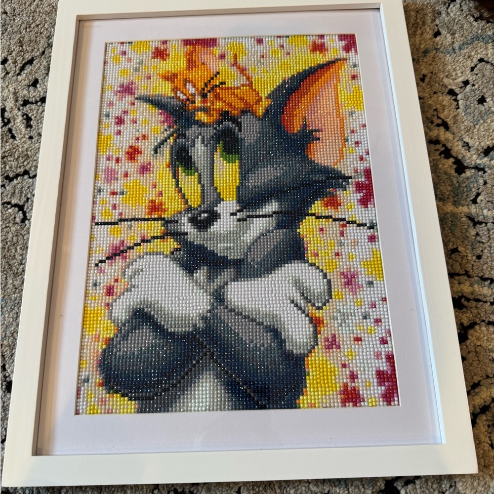 Framed Tom Cat Diamond Art with Floral Accent